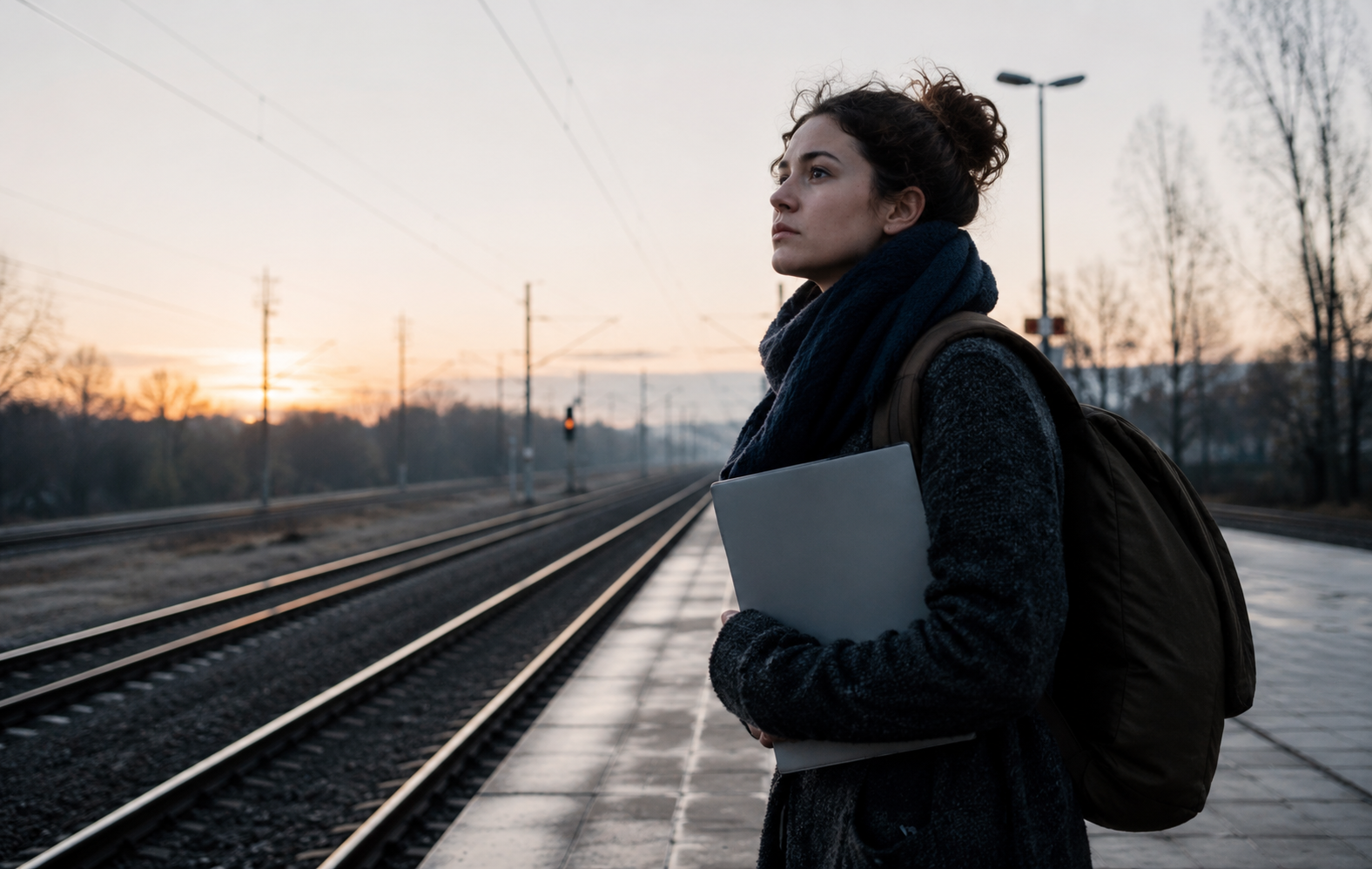 A young woman waiting at a train platform and facing an uncertain future